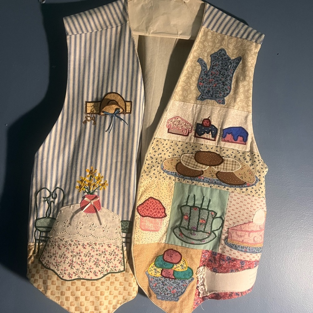 Whimsical Beige Vest with Embroidered Teacups and Lace Trim